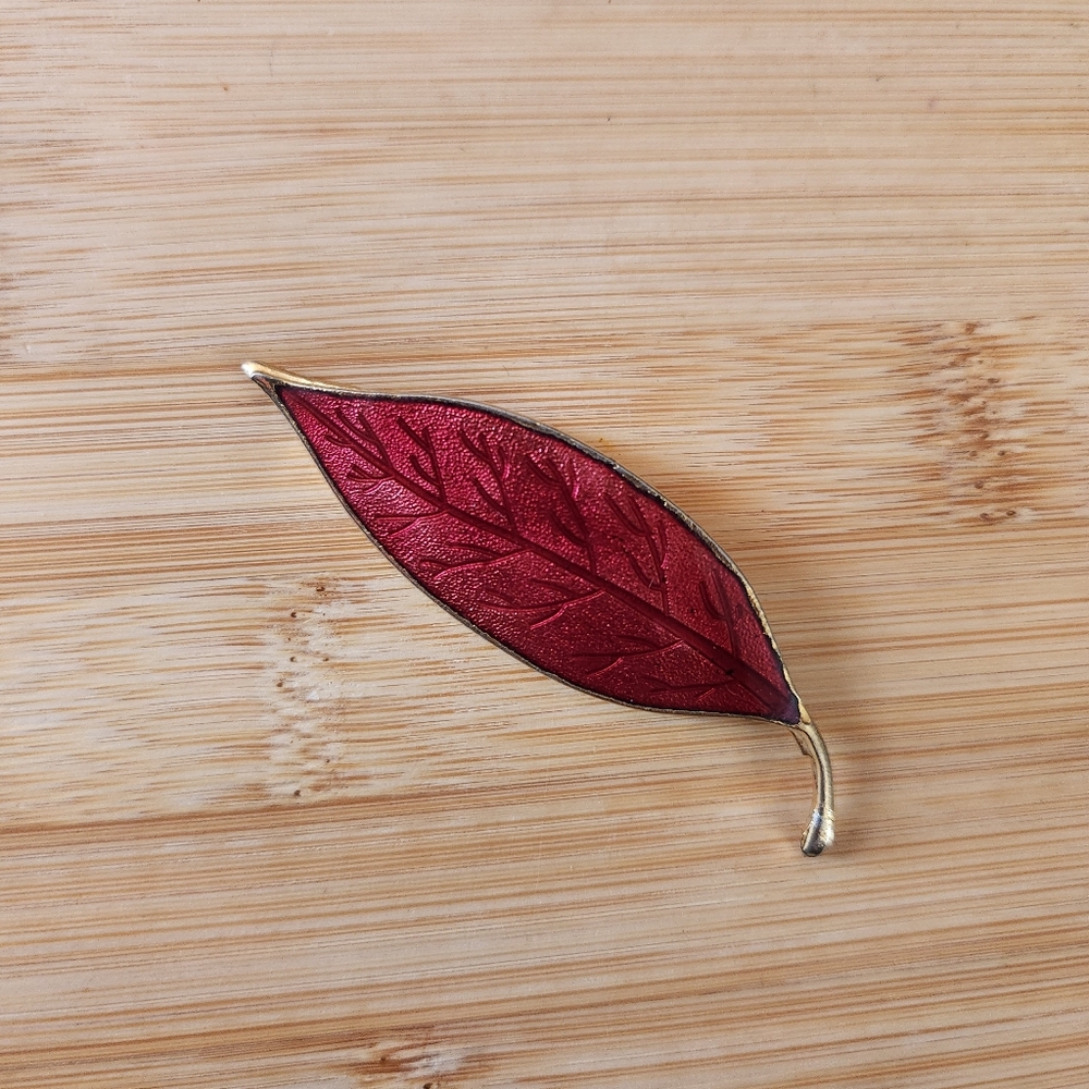 Vintage Red Enamel Leaf Brooch